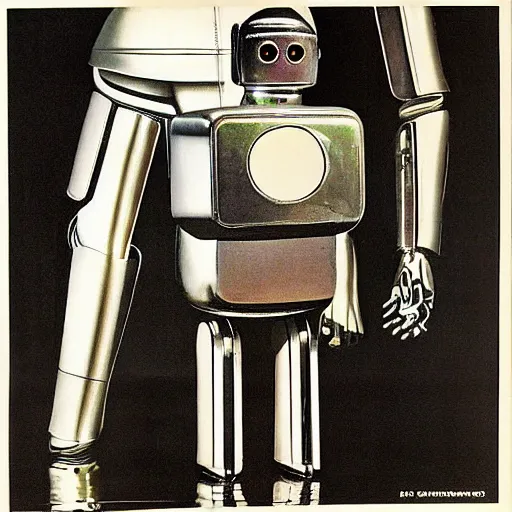 Image similar to Chrome robot, reflective silver chrome android,Android, 1950s, drawn by Norman Rockwell