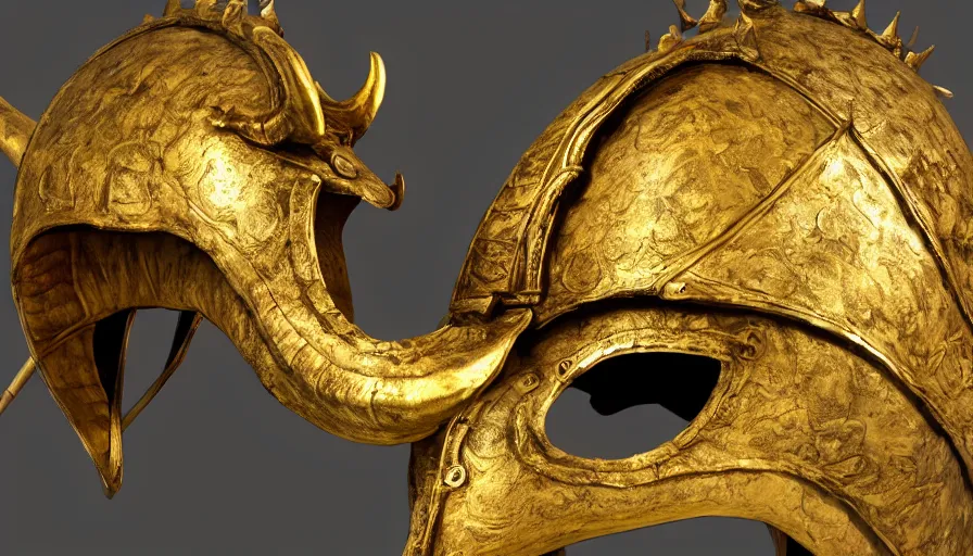 Image similar to viking dragon helmet in a museum, made from gold, photorealistic render