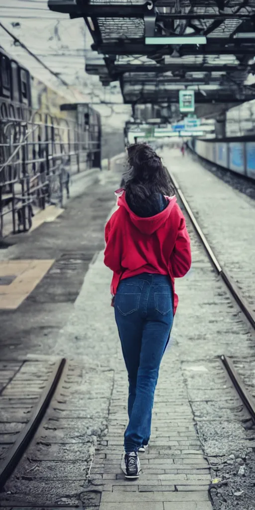 Prompt: cartoon woman, dark hair, glasses, wearing jeans and a hoodie, emo, waiting at a train station in the style of a ghibli movie