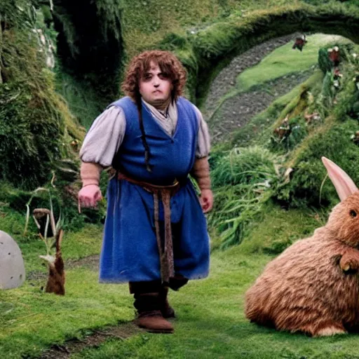 Prompt: a british lad as Bartook a teen hobbit with short curly dark brown hair wearing a blue vest with a white sash standing next to a giant rabbit, high resolution film still, movie by Peter Jackson