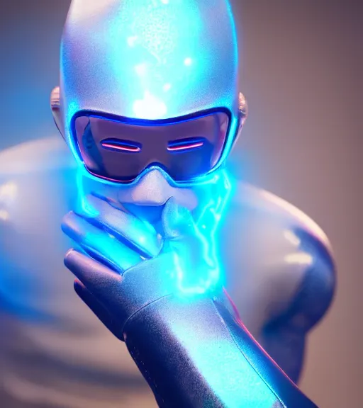 Image similar to bald albino man wearing silver goggles and an electric blue super hero suit, generates lightning from his hands, sharp, trending on artstation, unreal engine, octane render, cgsociety, artgerm, award - winning, focus, highly detailed