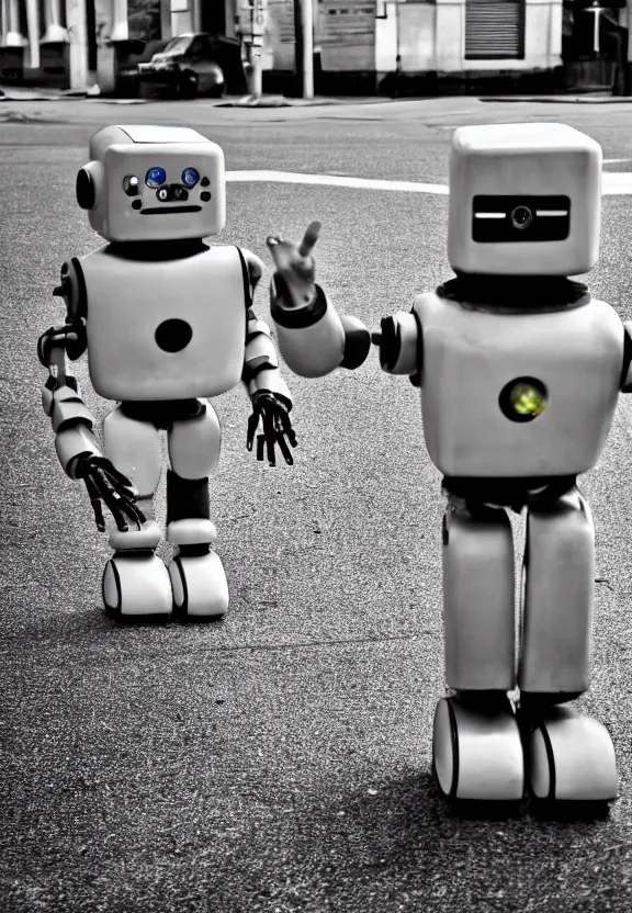 Prompt: a sad photograph two robots point a finger to each other, large shot, wide shot, in a street