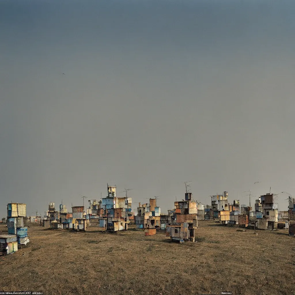 Image similar to towers made up of stacked makeshift squatter shacks with faded colours suspended over a quagmire, plain uniform sky at the back, misty, mamiya, ultra sharp, very detailed, photographed by alejandro jodorowsky