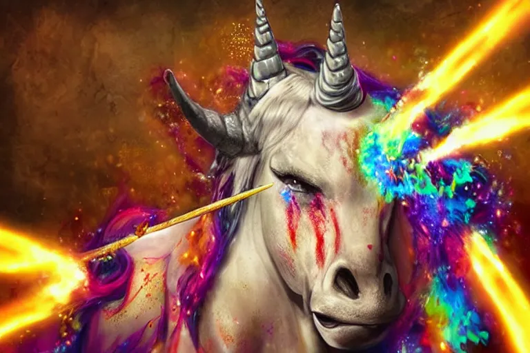 Prompt: cheesy unicorn impales man on bloody horn, airbrush, sparkles, dynamic lighting