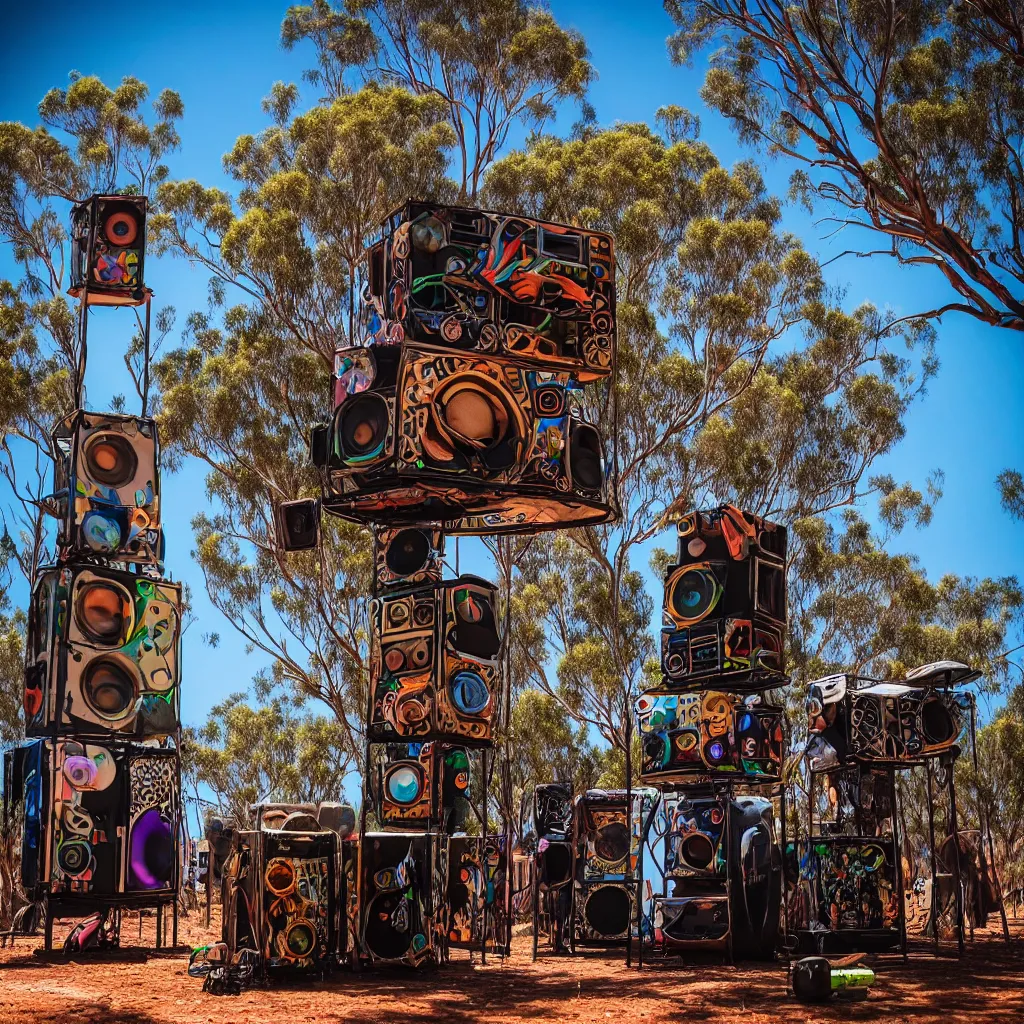 Image similar to psytrance party in the australian outback, with dancefloor and speaker stack, with beautiful architecturally designed living structures, concept art, urban planning, XF IQ4, 150MP, 50mm, F1.4, ISO 200, 1/160s, natural light