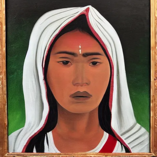 Image similar to a nepali woman wearing a white shawl, sad, bloody, oil painting