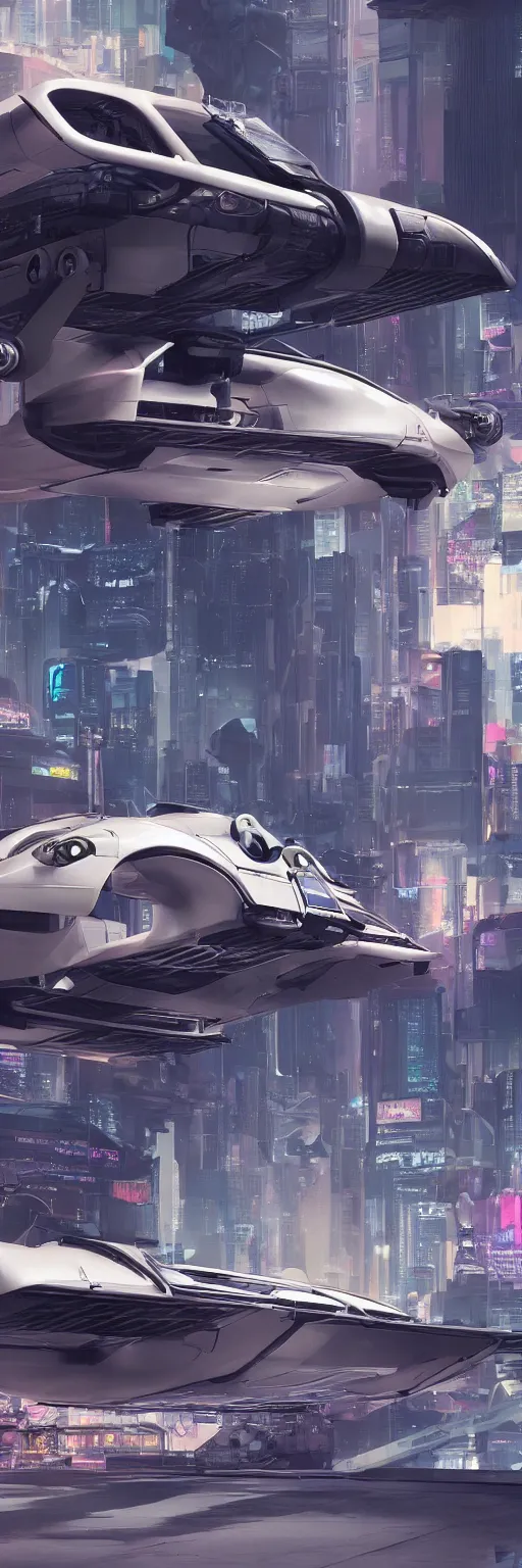 Image similar to octane render of new cyberpunk flying hover version of Renault sandero from 2077 in the city of future by syd mead