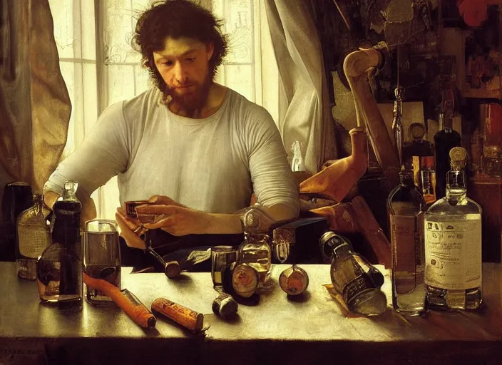 Image similar to an exhausted painter in his studio with a bottle of whisky painting a self portrait, by edgar maxence and caravaggio and michael whelan and delacroix style, artistic, intricate drawing, cinematic lighting, hyper realistic, extremely detailed, establishing shot, 8 k resolution, dramatic lighting