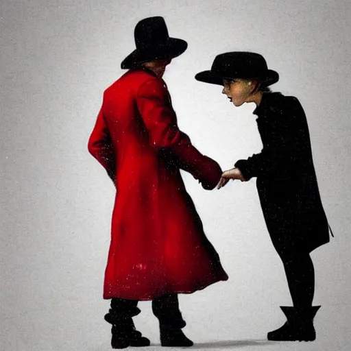 Image similar to a highly detailed epic cinematic concept art, cyberpunk, a thin man in a black coat and bowler hat talks with small young girl who is dressed in a red coat and a red hat, park, autumn, in the style of Francis Bacon and Syd Mead and Norman Rockwell and Beksinski, painted by Francis Bacon and Edward Hopper, painted by James Gilleard, surrealism, airbrush, Ilya Kuvshinov, WLOP, Stanley Artgerm, very coherent, triadic color scheme, art by Takato Yamamoto and James Jean, high detail, width 768