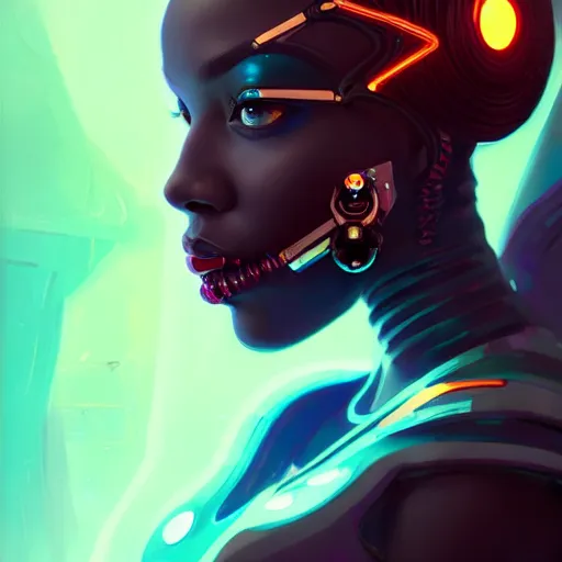 Image similar to a portrait of Adhel Bol as a beautiful cybernetic techno queen, black woman, cyberpunk concept art by pete mohrbacher and wlop and artgerm josan gonzalez and syd mead, digital art, highly detailed, intricate, sci-fi, sharp focus, Trending on Artstation