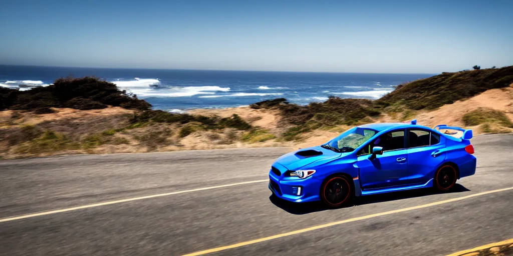 Image similar to photograph, 2015 Subaru WRX STi, cinematic, PCH, california coast, ocean view, 8k, depth of field, bokeh.