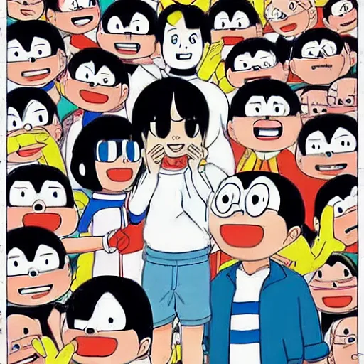 Prompt: Doraemon and Nobita in the style of Junji Ito