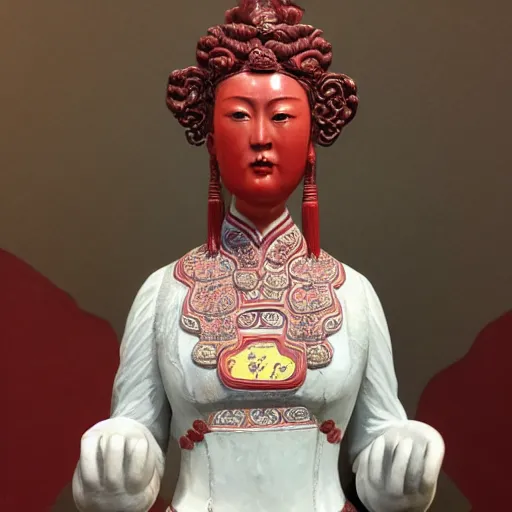 Image similar to museum princess portrait statue monument made from chinese porcelain brush face hand painted with iron red dragons full - length very very detailed by rutkowski symmetrical well proportioned