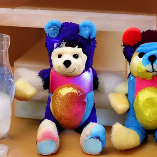 Image similar to Scientists teddy bears mixing sparkling chemicals in the style of 90s cartoons