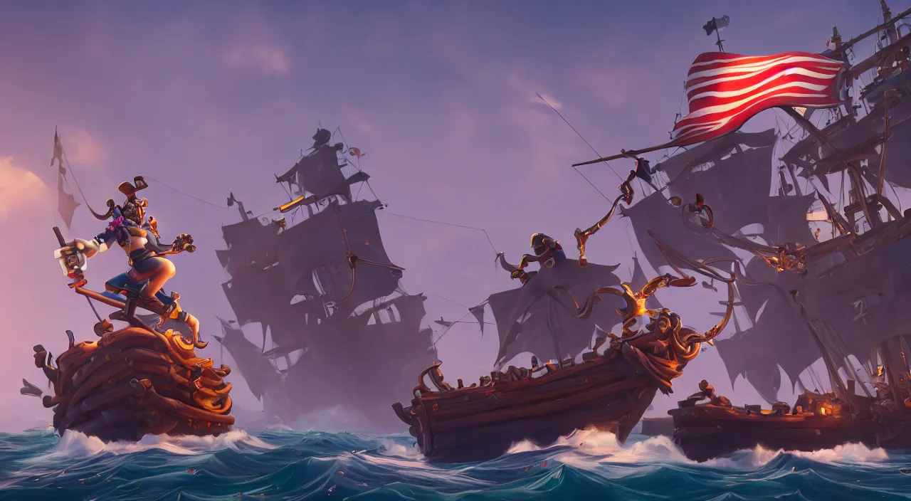 Image similar to a wide shot of a stylized 3D CGI fortnite pirate standing on the front of the ghost ship with the black Jolly Roger flag, the ghost ship is in the middle of the ocean, fantasy art overwatch and heartstone, by RHADS, cgsociety, artstation hq, octane render, 8k,