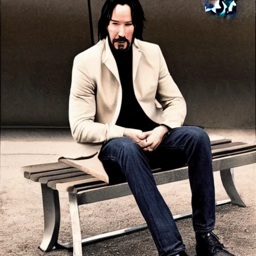 Image similar to GQ picture of Keanu Reeves sitting on a bench looking sad -35 mm - Calvin Klein Jacket ($599) Seven for all mankind jeans ($225)