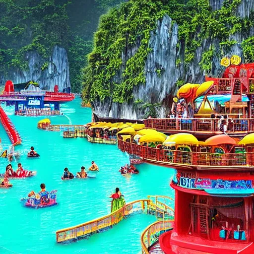 Prompt: halong bay vietnam waterpark with waterslides, digital art, cinematic lighting, epic composition, highly detailed