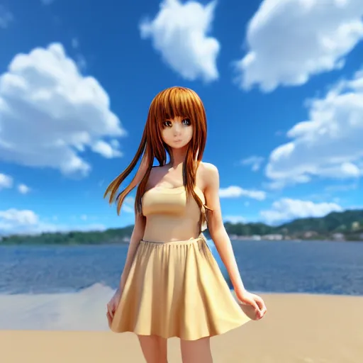 Image similar to Render of a very beautiful 3d anime girl, long hair, hazel eyes, cute freckles, full round face, short smile, cute sundress, golden hour, serene beach setting, medium shot, mid-shot, highly detailed, trending on Artstation, Unreal Engine 4k