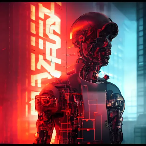 Image similar to concept art of a cyborg, cyberpunk, surrounded by smoke, award-winning art, black on red, hyperrealistic, by Sam Spratt, by Vlad Rodrig﻿u﻿e﻿z, computer screens in the background, trending on Artstation, dark, dramatic, cinematic, realistic studio lighting, realistic reflections, realistic light refractions, raytracing, 4k, professional, canon