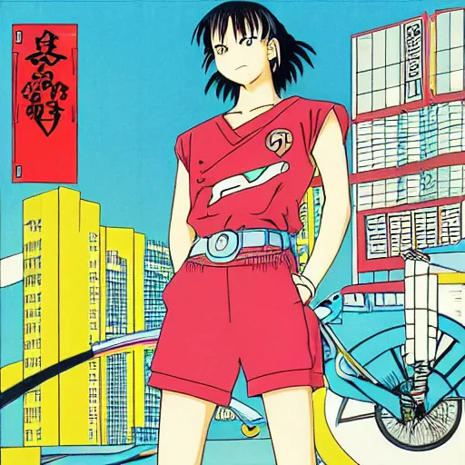 Image similar to album - cover of a 1 9 8 0 s japanese city - pop record featuring an anime illustration by akira toriyama. cute stylish woman ; sports car ; neon ; urban summer drive.