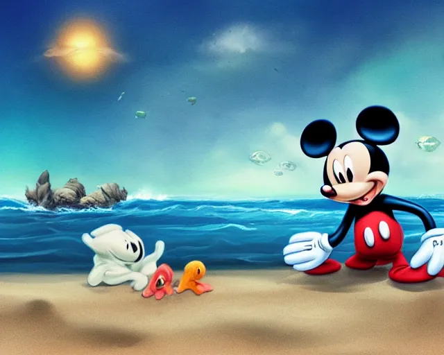 Image similar to Mickey mouse sitting next to terrifying sea creatures on a creepy beach, digital art, in the style of Vitaly Samarin Alexiu, super detailed, artstation