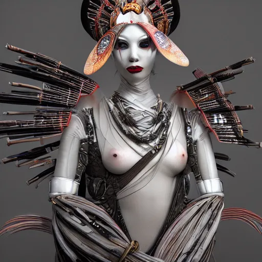 Prompt: japanese cyborg geishas in a ceremony with extremely detailed headdress, inspired by die antwoord beautiful, hand painted textures, cloth physics, deviantart, karol bak, masamune shirow, black and white, beautiful lighting, photorealistic, concept art, perfect render, 3 d render, pixar, 8 k