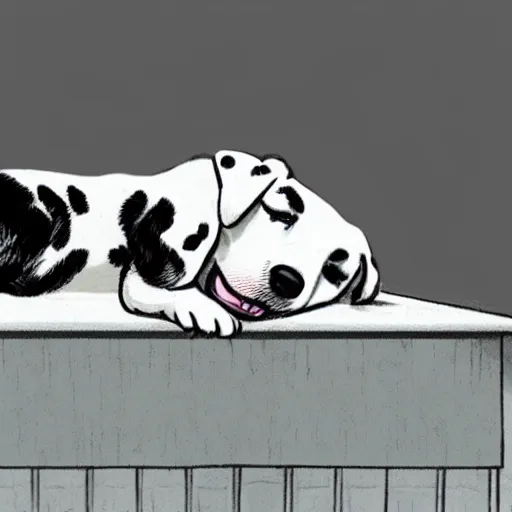 Image similar to realistic photo of snoopy, sleeping on the roof of a doghouse. white fur dog. dalmatian. artstation, concept art, 4 k.