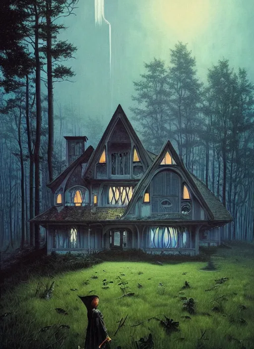 Image similar to hyper realistic witchy modern gothic house with mood lighting and tech in the woods gorgeous lighting, sunbeams blue sky, highly detailed, lush forest foliage painting by zdzisław beksinski and norman rockwell and greg rutkowski weta studio, and lucasfilm