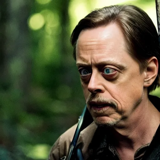 Image similar to movie still of Steve Buscemi as Katniss in The Hunger Games