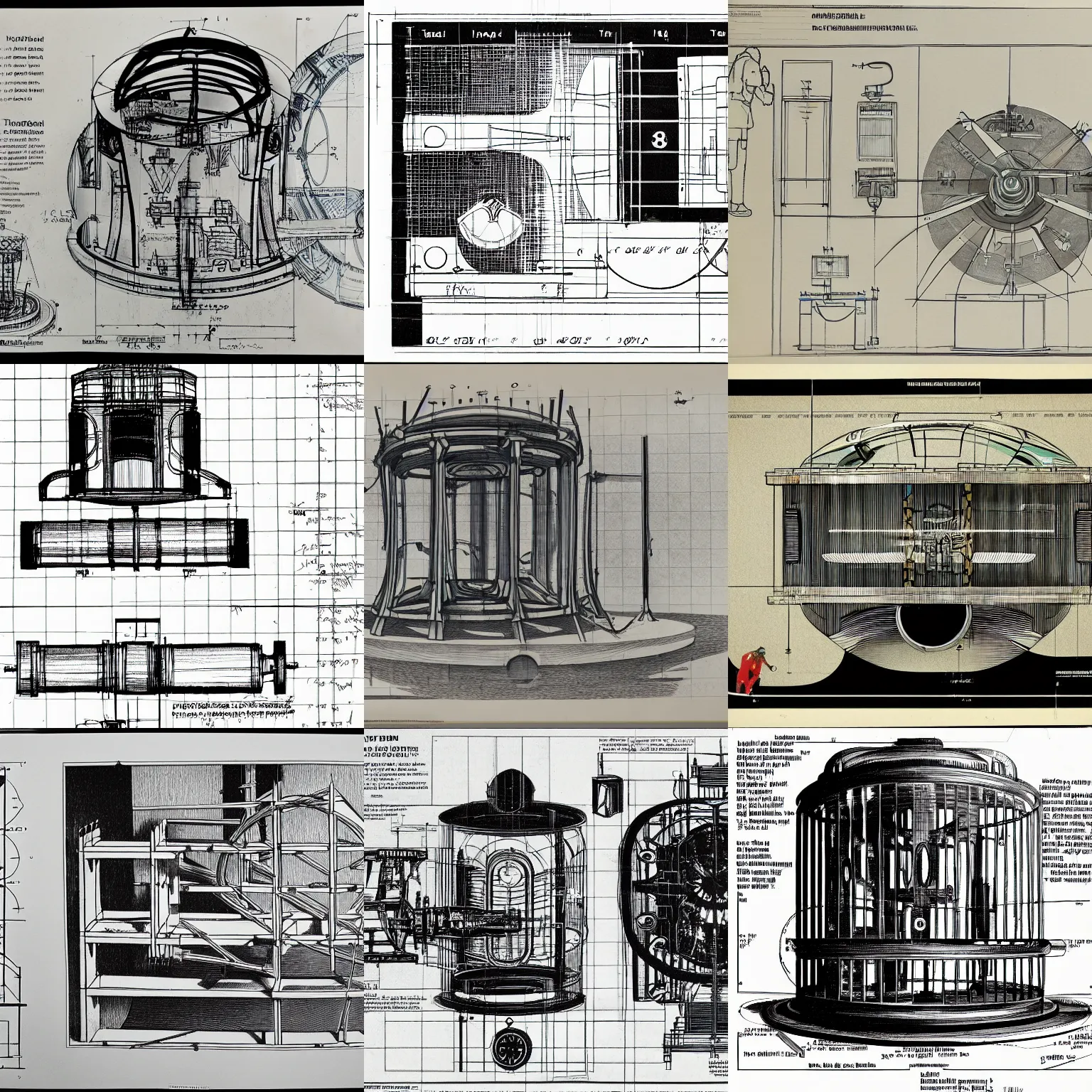 Prompt: technical drawings for the construction of the time machine