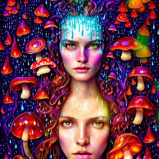 Image similar to bright portrait surrounded by psychedelic mushrooms with rain on face and wet hair, smiling, diffuse overhead lighting, fantasy, intricate, elegant, dramatic lighting, highly detailed, lifelike, photorealistic, digital painting, artstation, illustration, concept art, smooth, sharp focus, art by John Collier and Albert Aublet and Krenz Cushart and Artem Demura and Alphonse Mucha