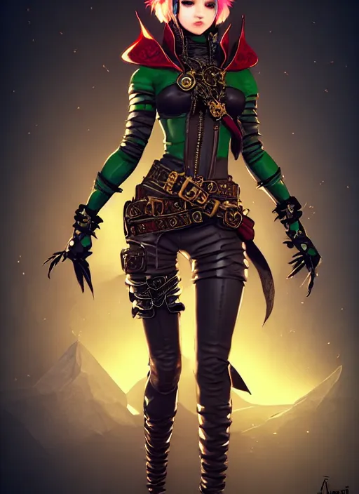 Image similar to rogue, fantasy ornate leather bandit outfit!!! beautiful and athletic short hair female!! gorgeous face and eyes!! character concept art, sharp focus, octane render! unreal engine 5! highly rendered!! trending on artstation!! detailed linework!! illustration by artgerm, wlop, and chie yoshii