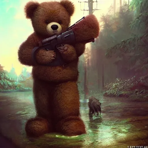 Prompt: mean fluffy teddybear protecting girl, dystopian, sci-fi, extremely detailed, digital painting, sculpted in zbrush, artstation, concept art, smooth, sharp focus, illustration, chiaroscuro lighting, golden ratio, incredible art by artgerm and greg rutkowski and alphonse mucha and simon stalenhag