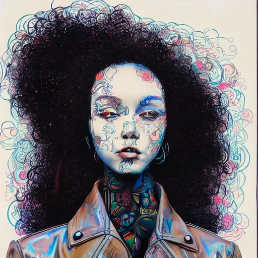 Prompt: james jean artwork of a beautiful girl with an afro and a leather jacket