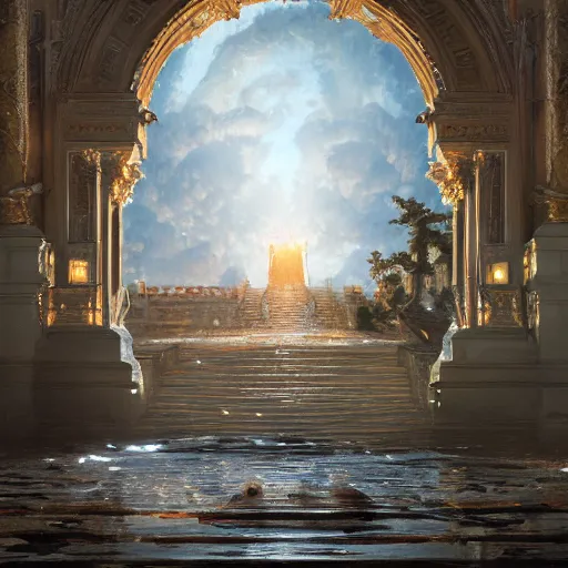 Image similar to gates of heaven, volumetric lighting, 8 k octane beautifully detailed render, post - processing, extremely hyper - detailed, intricate, epic composition, cinematic lighting, masterpiece, trending on artstation, detailed detailed detailed, masterpiece, stunning art by anders zorn, wonderful masterpiece by greg rutkowski, beautiful cinematic light,