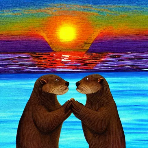 Prompt: otters holding hands into the sunset dream 8k award winning masterpiece