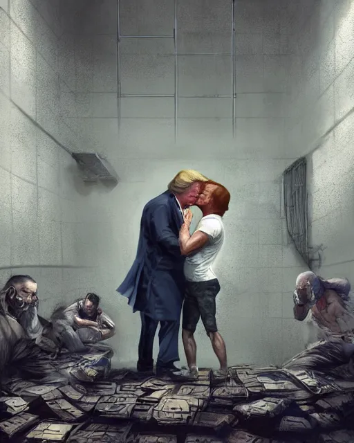 Prompt: portrait of Alex Jones kissing Donald trump wearing prison clothes while prison sittibg in a prison jail cell behind bars, Greg rutkowski , craig mullins, vibrant color, cinematográfica, digital Art, trending on artstation, octane