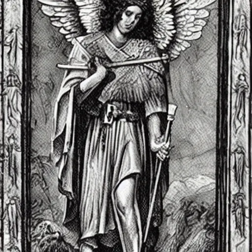 Image similar to an awe inspiring photo of a biblically accurate seraphim, holding a giant, rotatingz flaming sword, guarding the entrance to garden of eden.
