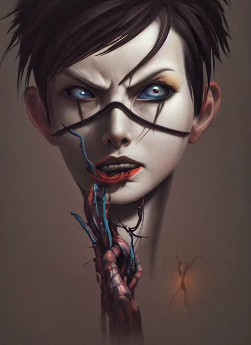 Image similar to dark portrait painting of tracer from overwatch, in style of zdzisław beksinski, scary, horror, 4 k, feminine facial features, overwatch tracer character, horror, body horror, disturbing, detailed face, dressed in dark garment, black tendrils, tall,