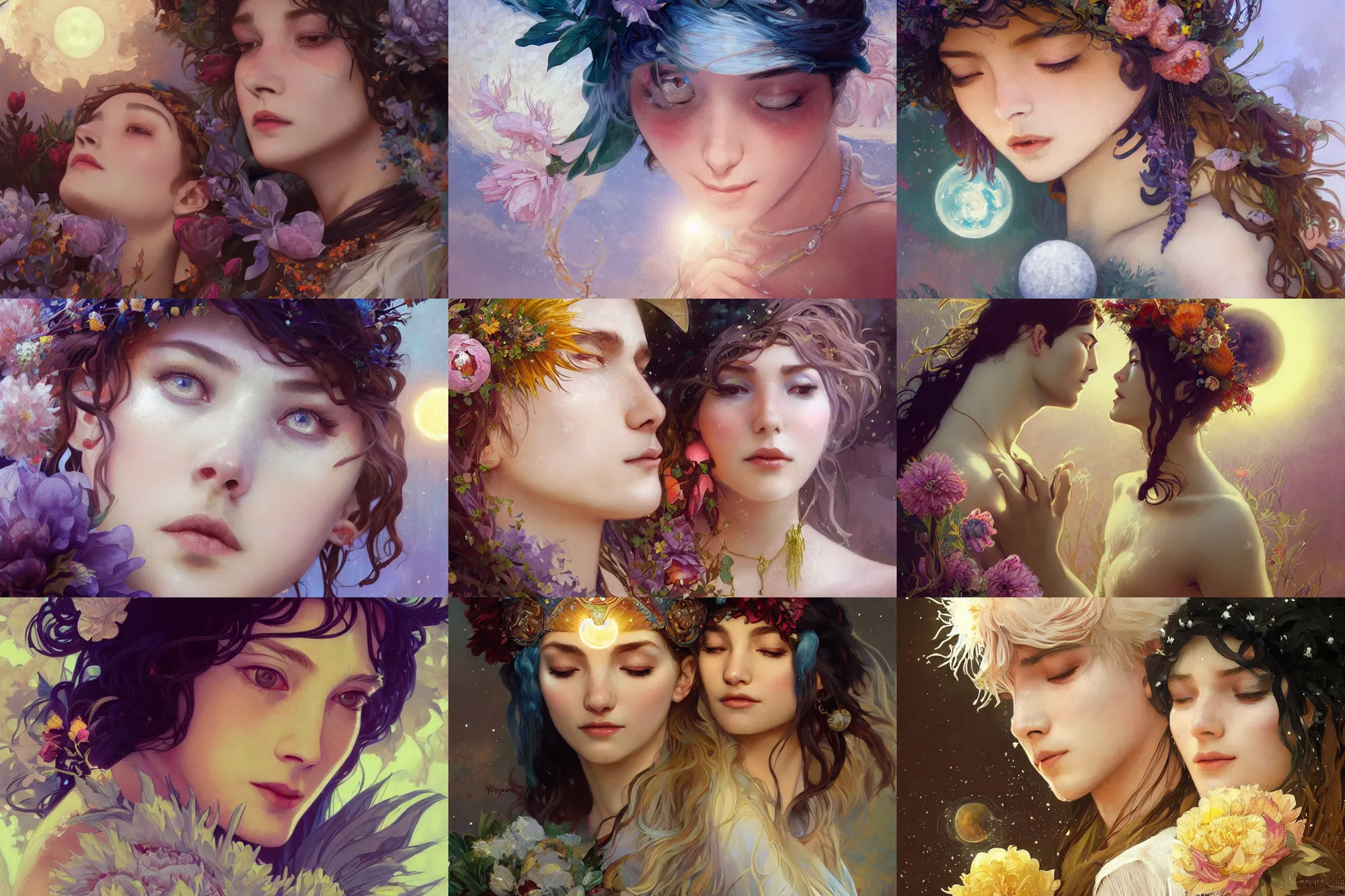 Prompt: a cinematic tender beautifully close up moment of a young sun god and moon goddess magician lovers portraits goodbye wearing boho sunhat with peonies, Frozen Klaus film, elegant, digital painting, artstation, concept art, illustration, Frozen II art masterpiece by art by Krenz Cushart, Artem Demura, alphonse mucha, yoji shinkawa, ArtGerm, Jon Lothian, Danilo Torres, Adi Meyers, Thomas Reimann, Gaston Bussiere