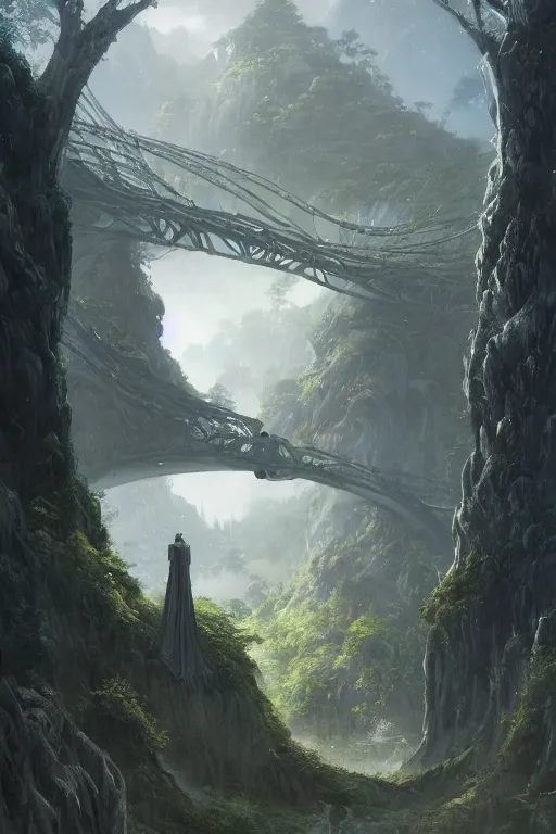 Image similar to amazing concept painting, Rivendell Himeji, hallucination, by Jessica Rossier A gleaming white opera hall fortress overlooks a fertile valley, brutalist deak ferrand Jean-pierre Ugarte bases, garden of eden, by HR giger by Beksinski,