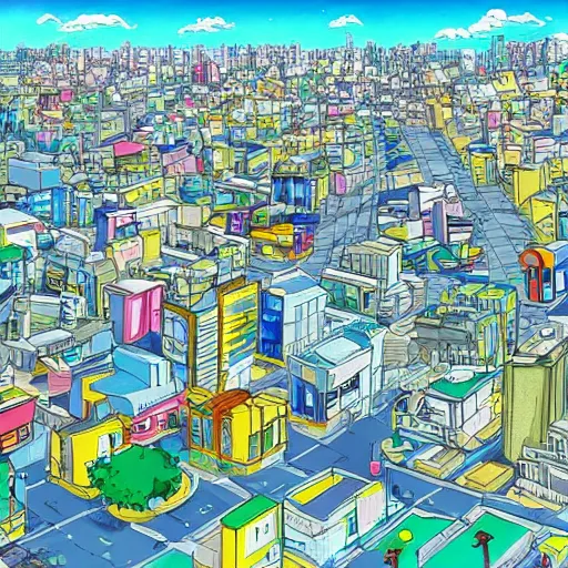 Image similar to futuristic city on a mountainside, colorful city, megacity, clouds on mountain, buildings on mountainside, cel - shading, cel - shaded, 2 0 0 1 anime, bright sunshine