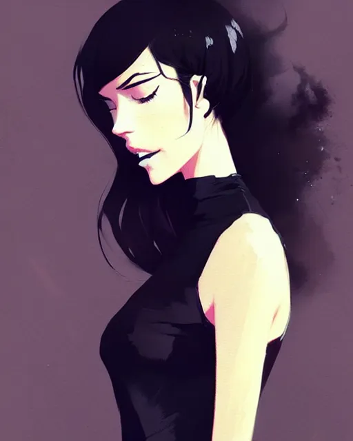 Image similar to a ultradetailed beautiful panting of a stylish woman wearing a black dress, by conrad roset, greg rutkowski and makoto shinkai, trending on artstation