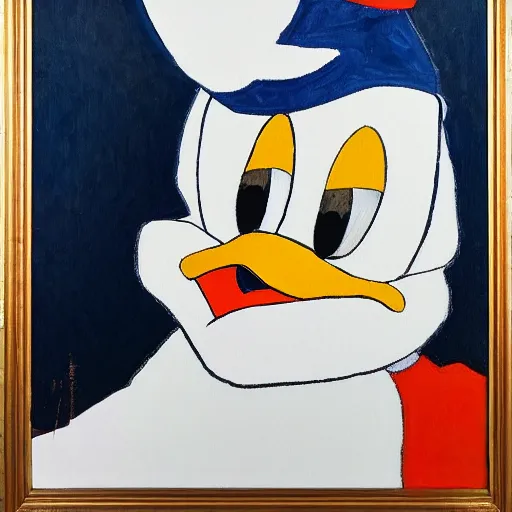 Prompt: portrait of Donald Duck by Egon Schiele, oil on canvas, masterpiece, realism, piercing gaze