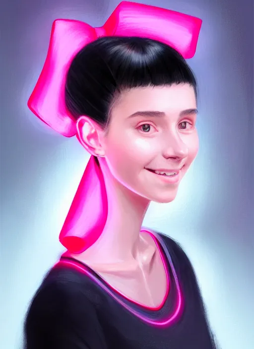 Image similar to portrait of teenage girl, narrow face, black hair, bangs, half updo hairstyle, skinny, smile, unattractive, defined jawline, big chin, wearing pink hair bow, earrings, intricate, elegant, glowing lights, highly detailed, digital painting, artstation, sharp focus, illustration, art by wlop, mars ravelo and greg rutkowski