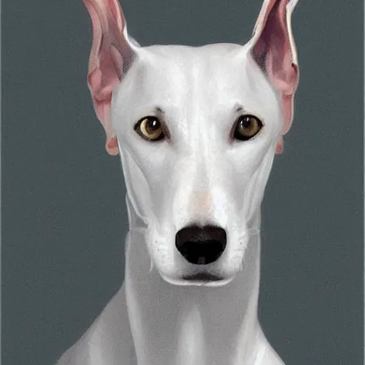 Prompt: A masterpiece portrait of a white greyhound. Greyhound is wearing a silver tiara. Very detailed. intricate, elegant, highly detailed. trending on artstation, digital art, by Stanley Artgerm Lau, WLOP, Rossdraws, James Jean, Andrei Riabovitchev, Marc Simonetti, Yoshitaka Amano