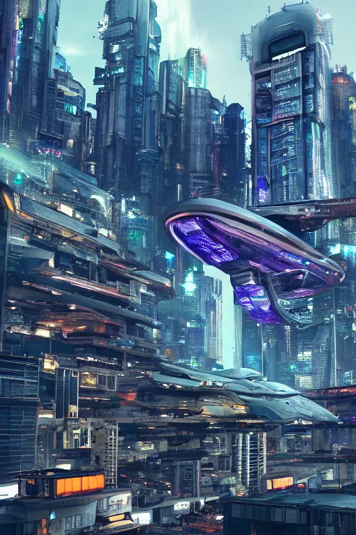 Prompt: a massive spaceship hovering above a futuristic cyberpunk city slum. led billboards and holograms, flying ships, overpopulated