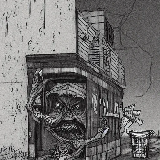 Image similar to A Trevor Hendorson styled monster hiding behind a dumpster in a dark alley with a power line running through it. Grainy, muted colors, hyper detailed, dark, dreary.