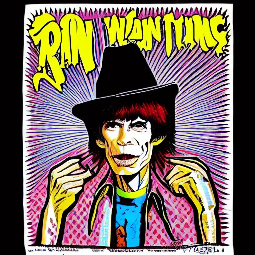 Image similar to a man with a hat, and a t - shirt with a rolling stones picture, carrying a guitar, then around it was written punk writing. pop art style images. symmetrical anatomy. without duplication of images. without repeating the same image. by mel ramos and hariton pushwagner