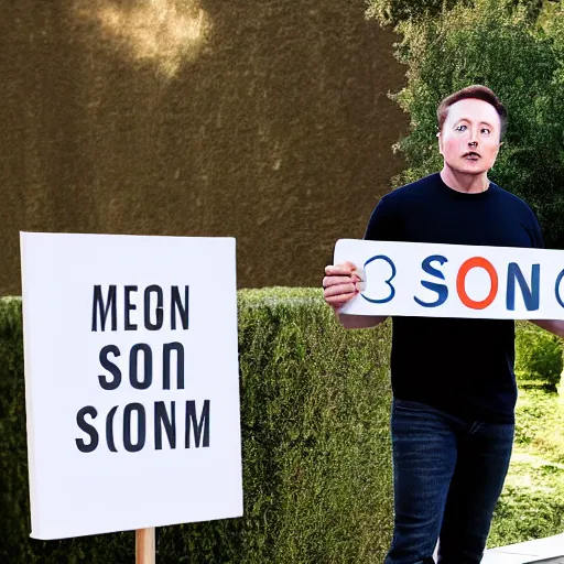 Image similar to a medium shot photograph of elon musk holding a sign with the word soon on it, 4k, ultra HD